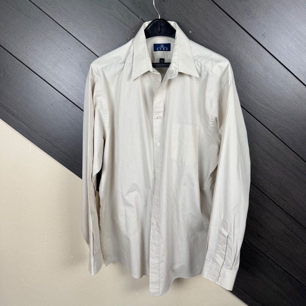 Enro Men's 17½ 37 Tall Classic Poplin Dress Shirt Beige Long Sleeve Button Up